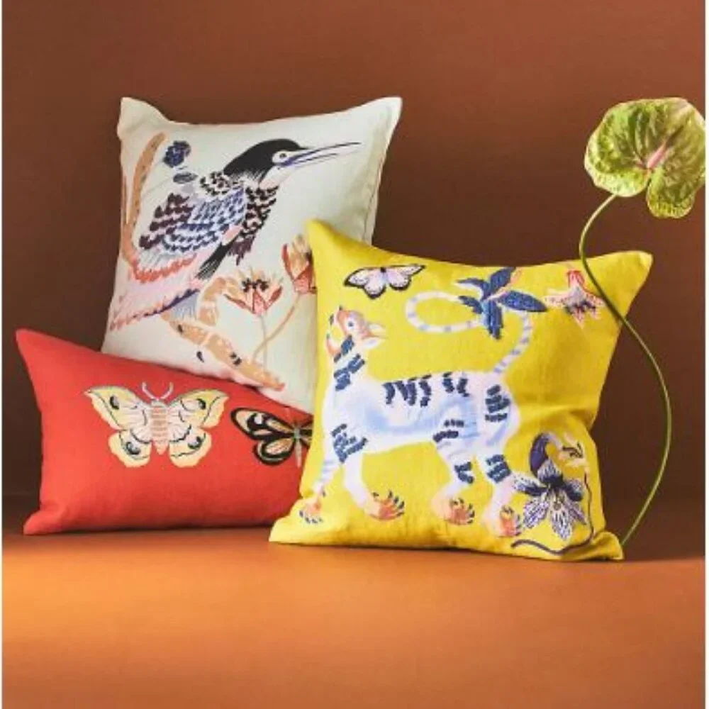 Anthropologie - Sarah Gordon Embroidered Pillow in Yellow-Floral Lion - NTW